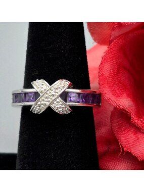 Sterling Silver Ring Amethyst Stones X Design Size 7 Signed 925 FAS